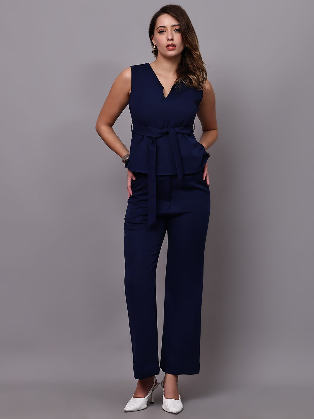 Stylish Office wear Mauve Belted peplum Top & Trouser